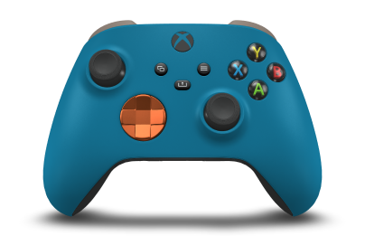 Controller with Mineral Blue body, Zest Orange (Metallic) D-pad, and Carbon Black thumbsticks - front view