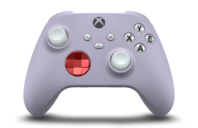 Controller with Soft Purple body, Oxide Red (Metallic) D-pad, and Robot White thumbsticks - front view