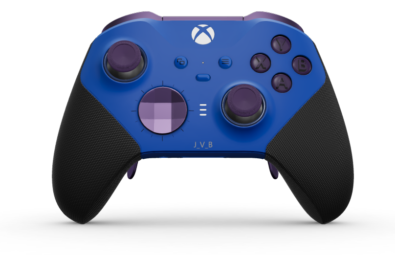 Xbox Elite Wireless Controller Series 2 – Core - Hoveddel: Stødblå + gummigreb, D-blok: Facetteret, lilla (Metal), Bagside: Stødblå + gummigreb