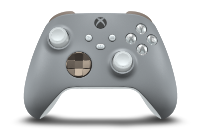 Controller with Ash Grey body, Desert Tan (Metallic) D-pad, and Robot White thumbsticks - front view