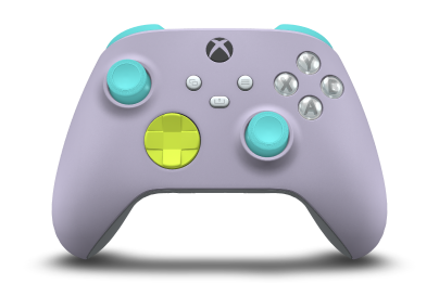 Controller with Soft Purple body, Electric Volt D-pad, and Glacier Blue thumbsticks - front view