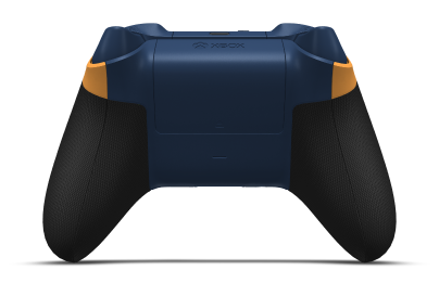 Controller with Soft Orange body, Midnight Blue D-pad, and Midnight Blue thumbsticks - back view