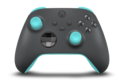 Controller with Storm Grey body, Carbon Black (Metallic) D-pad, and Glacier Blue thumbsticks - front view