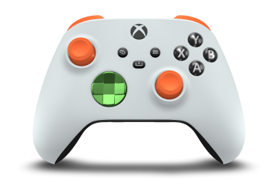 Controller with Robot White body, Velocity Green (Metallic) D-pad, and Zest Orange thumbsticks - front view
