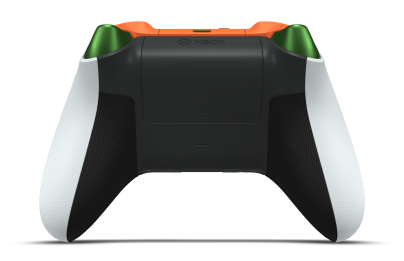 Controller with Robot White body, Velocity Green (Metallic) D-pad, and Zest Orange thumbsticks - back view