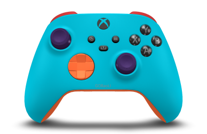 Controller with Dragonfly Blue body, Zest Orange D-pad, and Astral Purple thumbsticks - front view