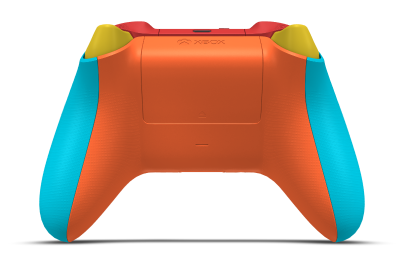 Controller with Dragonfly Blue body, Zest Orange D-pad, and Astral Purple thumbsticks - back view