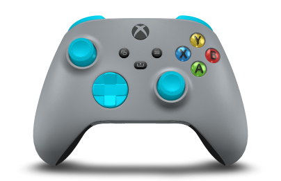 Controller with Ash Grey body, Dragonfly Blue D-pad, and Dragonfly Blue thumbsticks - front view
