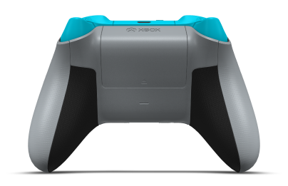 Controller with Ash Grey body, Dragonfly Blue D-pad, and Dragonfly Blue thumbsticks - back view