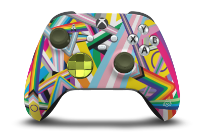 Controller with Pride body, Electric Volt (Metallic) D-pad, and Nocturnal Green thumbsticks - front view