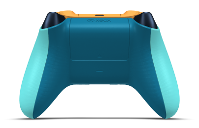 Controller with Glacier Blue body, Midnight Blue (Metallic) D-pad, and Soft Orange thumbsticks - back view