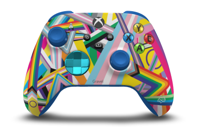 Controller with Pride body, Dragonfly Blue (Metallic) D-pad, and Shock Blue thumbsticks - front view