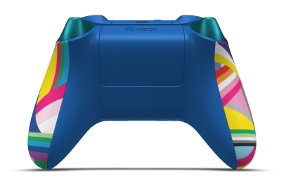 Controller with Pride body, Dragonfly Blue (Metallic) D-pad, and Shock Blue thumbsticks - back view