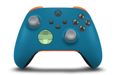 Controller with Mineral Blue body, Soft Green D-pad, and Ash Grey thumbsticks - front view