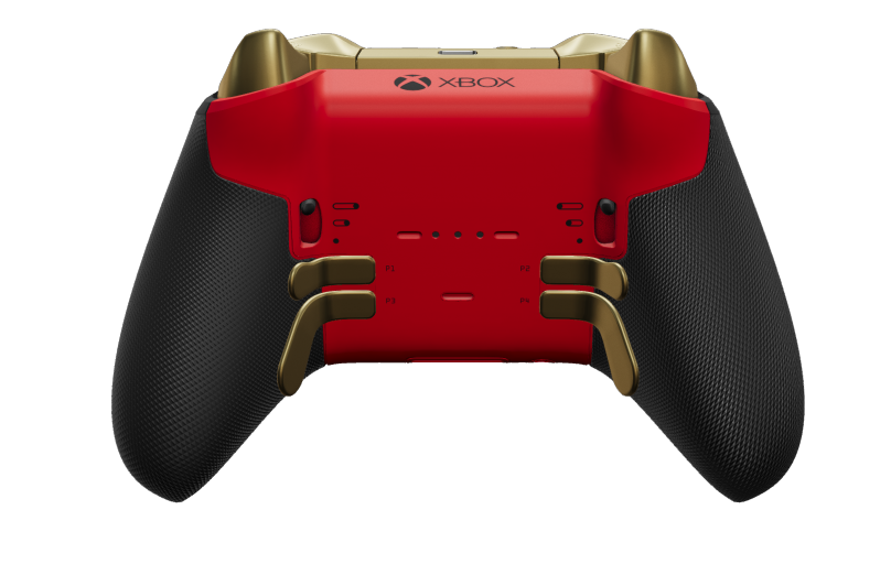 Xbox Elite Wireless Controller Series 2 - Core - Behuizing voorzijde: Pulsrood + rubberen handvatten, D-pad: Facet, Hero Gold (metaal), Behuizing achterzijde: Pulsrood + rubberen handvatten