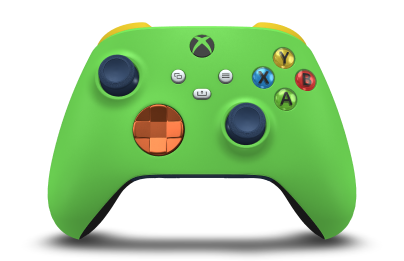 Controller with Velocity Green body, Zest Orange (Metallic) D-pad, and Midnight Blue thumbsticks - front view