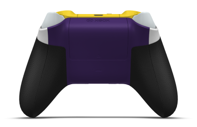 Controller with Pride body, Astral Purple (Metallic) D-pad, and Lighting Yellow thumbsticks - back view