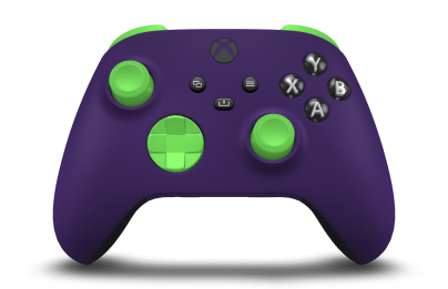 Controller with Astral Purple body, Velocity Green D-pad, and Velocity Green thumbsticks - front view