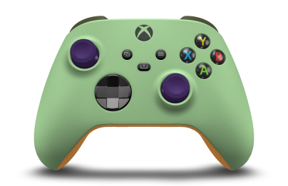 Controller with Soft Green body, Carbon Black (Metallic) D-pad, and Astral Purple thumbsticks - front view