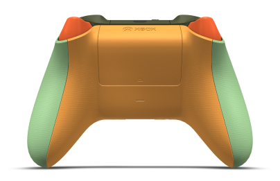 Controller with Soft Green body, Carbon Black (Metallic) D-pad, and Astral Purple thumbsticks - back view