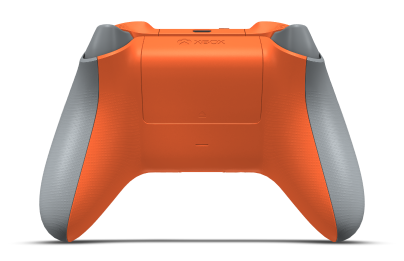 Controller with Ash Grey body, Carbon Black D-pad, and Zest Orange thumbsticks - back view