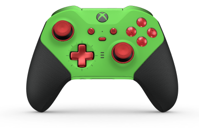 Bezdrôtový ovládač Xbox Elite Series 2 – Core - Behuizing voorzijde: Velocity-groen + rubberen handvatten, D-pad: Cross, Pulse Red (Metal), Behuizing achterzijde: Velocity-groen + rubberen handvatten