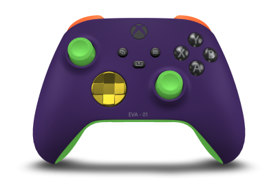 Controller with Astral Purple body, Lightning Yellow (Metallic) D-pad, and Velocity Green thumbsticks - front view