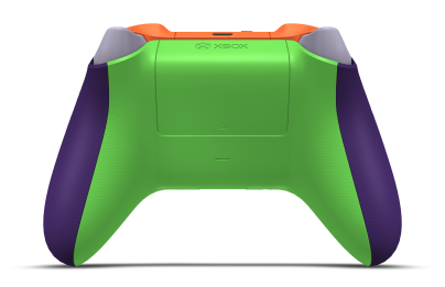 Controller with Astral Purple body, Lightning Yellow (Metallic) D-pad, and Velocity Green thumbsticks - back view