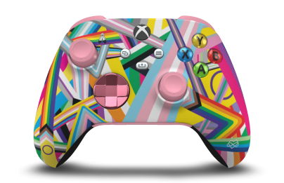 Controller with Pride body, Retro Pink (Metallic) D-pad, and Retro Pink thumbsticks - front view
