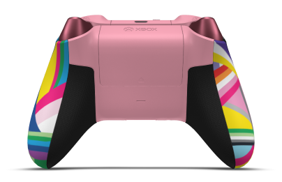 Controller with Pride body, Retro Pink (Metallic) D-pad, and Retro Pink thumbsticks - back view