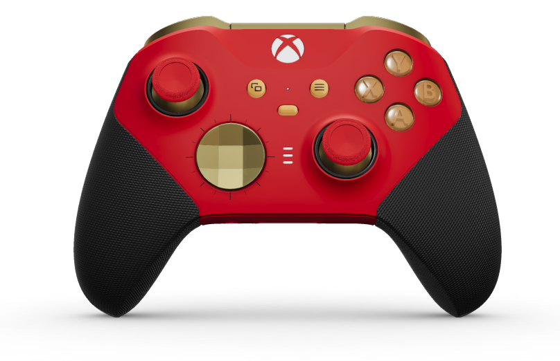 Xbox Elite Wireless Controller Series 2 - Core - Corps: Pulse Red + poignées caoutchoutées, BMD: À facettes, Hero Gold (métal), Arrière: Pulse Red + poignées caoutchoutées