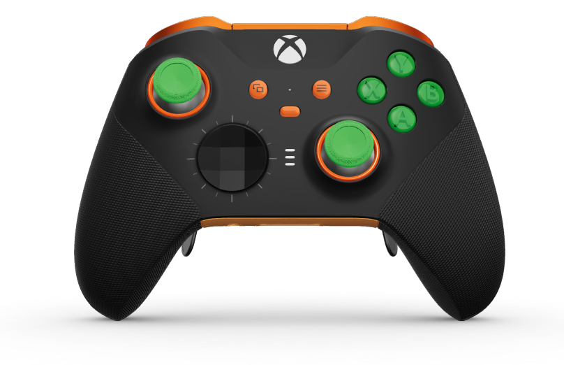 Xbox Elite Wireless Controller Series 2 - Core - Behuizing voorzijde: Carbonzwart + rubberen handvatten, D-pad: Gefacetteerd, carbonzwart (metaal), Behuizing achterzijde: Zacht oranje + rubberen handvatten