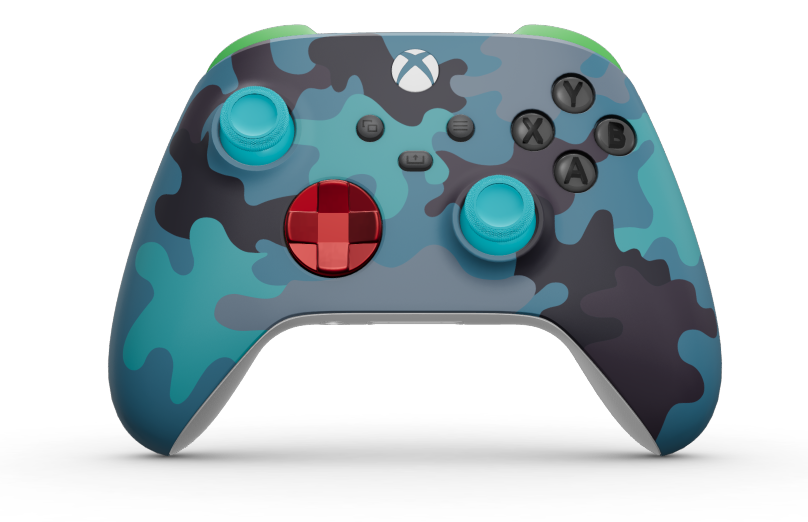 Xbox Wireless Controller - Hoofdtekst: Mineraalcamo, D-Pads: Pulsrood (metallic), Duimsticks: Libelleblauw