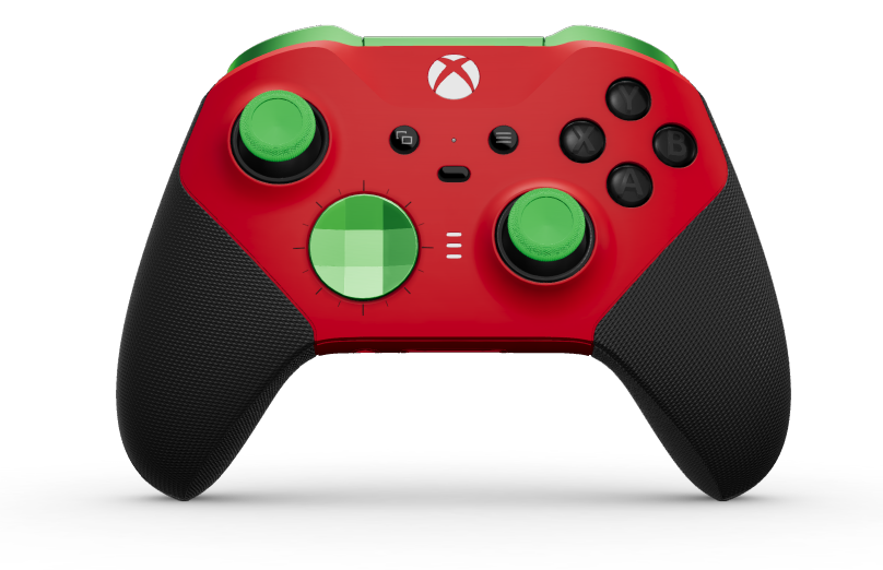 Xbox Elite Wireless Controller Series 2 - Core - Tělo: Červená Pulse Red + pogumované rukojeti, Směrový ovladač: Broušený, Velocity Green (kov), Zadní strana: Červená Pulse Red + pogumované rukojeti