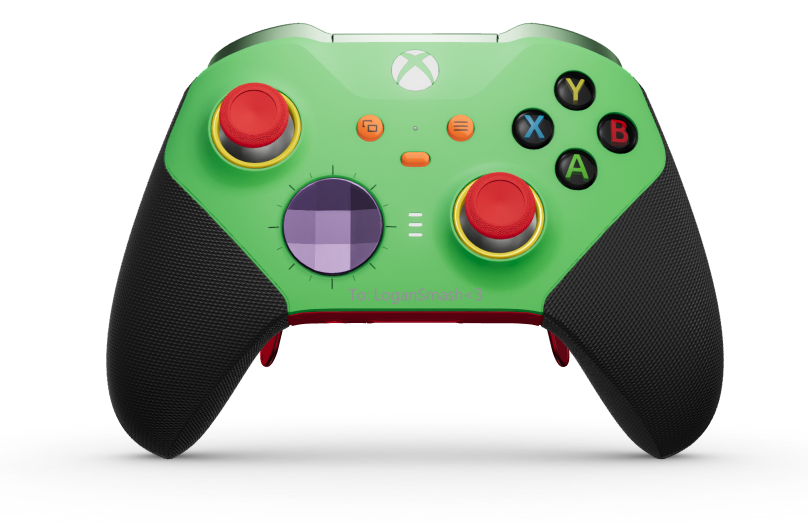 Xbox Elite Wireless Controller Series 2 - Core - Corps: Velocity Green + poignées caoutchoutées, BMD: À facettes, Astral Purple (métal), Arrière: Pulse Red + poignées caoutchoutées