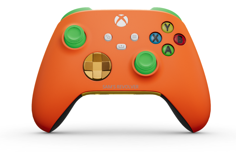 Xbox Wireless Controller - Text: Orangenschale, Steuerkreuze: Weiches Orange (Metallic), Analogsticks: Geschwindigkeitsgrün