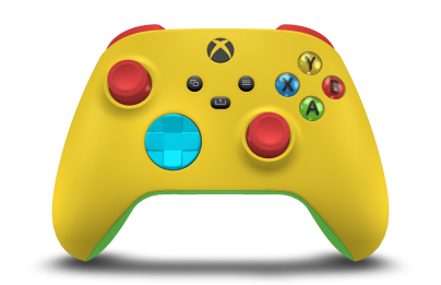 Controller with Lighting Yellow body, Dragonfly Blue D-pad, and Pulse Red thumbsticks - front view