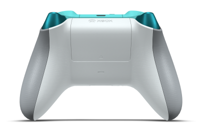 Controller with Ash Grey body, Dragonfly Blue (Metallic) D-pad, and Glacier Blue thumbsticks - back view