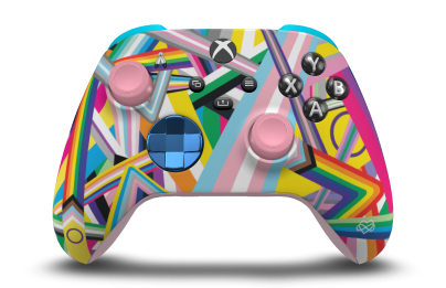 Controller with Pride body, Photon Blue (Metallic) D-pad, and Retro Pink thumbsticks - front view