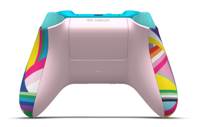 Controller with Pride body, Photon Blue (Metallic) D-pad, and Retro Pink thumbsticks - back view