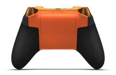 Ovladač s Uhlově černá tělem, Jemně oranžová (kovová) řídicím křížem a Energická oranžová palcovými ovladači — pohled zezadu