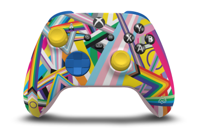 Controller with Pride body, Shock Blue D-pad, and Lighting Yellow thumbsticks - front view