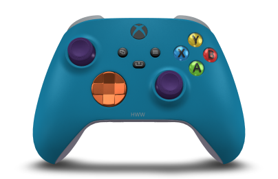 Xbox 無線控制器 - Corpo: Azul Mineral, Botões Direcionais: Laranja Vibrante (Metálico), Manípulos Analógicos: Roxo Astral
