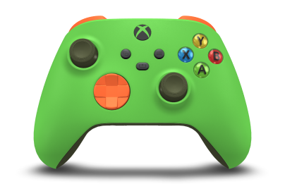Controller with Velocity Green body, Zest Orange D-pad, and Nocturnal Green thumbsticks - front view