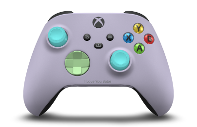 Controller with Soft Purple body, Soft Green D-pad, and Glacier Blue thumbsticks - front view