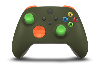Controller with Nocturnal Green body, Zest Orange D-pad, and Velocity Green thumbsticks - front view