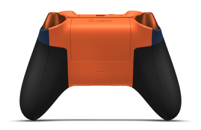 Controller with Midnight Blue body, Zest Orange (Metallic) D-pad, and Zest Orange thumbsticks - back view