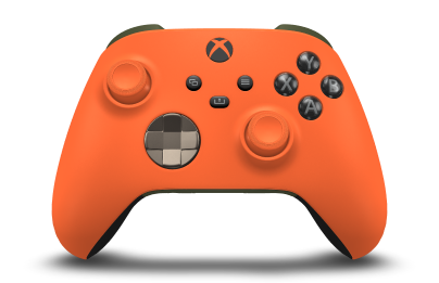 Controller with Zest Orange body, Desert Tan (Metallic) D-pad, and Zest Orange thumbsticks - front view