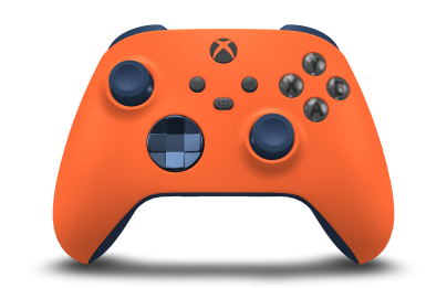 Controller with Zest Orange body, Midnight Blue (Metallic) D-pad, and Midnight Blue thumbsticks - front view