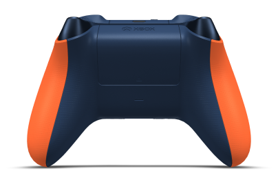 Controller with Zest Orange body, Midnight Blue (Metallic) D-pad, and Midnight Blue thumbsticks - back view